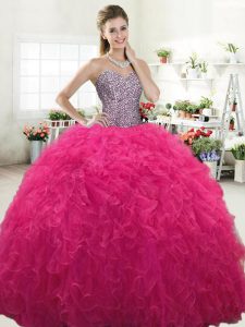 High End Ball Gowns Quinceanera Gown Hot Pink Sweetheart Tulle Sleeveless Floor Length Lace Up