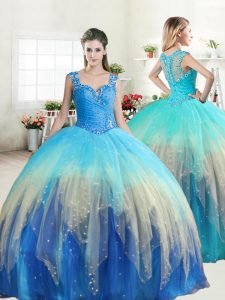 Captivating Straps Sleeveless Floor Length Beading and Ruffles Zipper Quinceanera Dresses with Multi-color