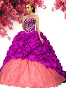 Custom Made Pick Ups Ball Gowns Sleeveless Fuchsia Quinceanera Dress Brush Train Lace Up