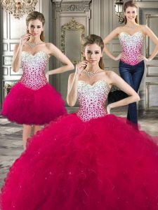 Three Piece Beading and Ruffles Quince Ball Gowns Hot Pink Lace Up Sleeveless Floor Length