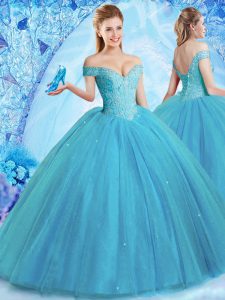 Teal Off The Shoulder Lace Up Beading Quinceanera Dress Brush Train Sleeveless