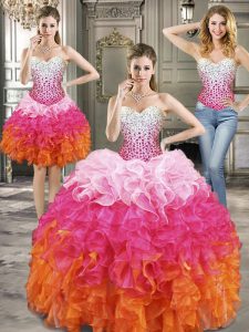 Flare Three Piece Multi-color Lace Up Sweet 16 Quinceanera Dress Beading Sleeveless Floor Length