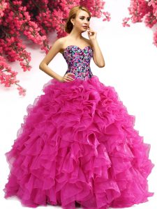 Discount Hot Pink Sleeveless Organza Lace Up Sweet 16 Dresses for Military Ball and Sweet 16 and Quinceanera