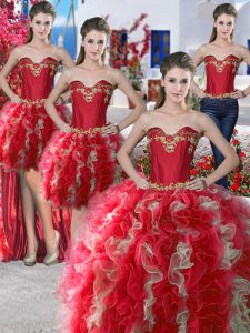 Popular Four Piece Beading Quinceanera Gown Red Lace Up Sleeveless Floor Length