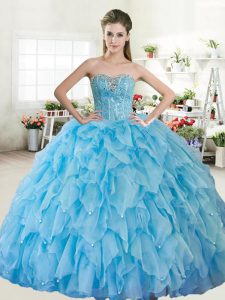 Romantic Sweetheart Sleeveless Lace Up Quince Ball Gowns Baby Blue Organza and Tulle