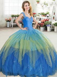 Multi-color Ball Gowns Tulle Straps Sleeveless Beading and Ruffled Layers Floor Length Zipper Sweet 16 Quinceanera Dress