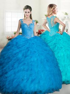 Straps Sleeveless Tulle Sweet 16 Quinceanera Dress Beading and Ruffles Zipper