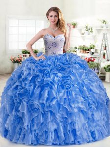 Chic Blue Organza Lace Up Sweetheart Sleeveless Floor Length 15th Birthday Dress Beading and Ruffles