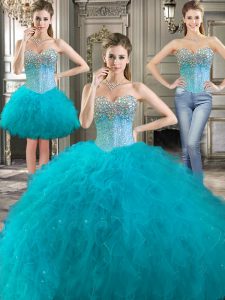 Three Piece Aqua Blue Tulle Lace Up Sweetheart Sleeveless Floor Length Quinceanera Dresses Beading and Ruffles