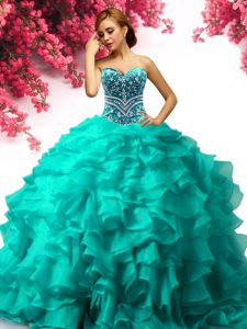 Most Popular Organza Sleeveless Floor Length Quinceanera Dresses and Beading and Ruffles