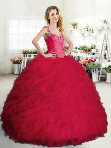 Floor Length Coral Red Quince Ball Gowns Straps Sleeveless Zipper