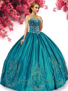Cheap Sweetheart Sleeveless 15 Quinceanera Dress Floor Length Embroidery Turquoise Taffeta