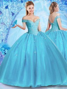 Latest Off the Shoulder Sleeveless Floor Length Beading Lace Up 15th Birthday Dress with Baby Blue
