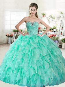 Apple Green Organza Lace Up Sweet 16 Dresses Sleeveless Floor Length Beading