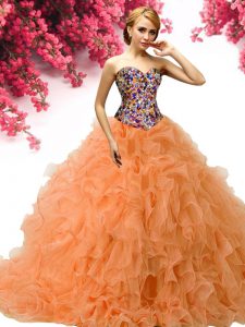 Orange Sweetheart Lace Up Beading and Ruffles Quinceanera Gowns Sleeveless