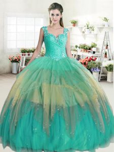 Straps Sleeveless Quince Ball Gowns Floor Length Ruffled Layers Multi-color Tulle
