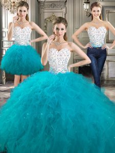 Three Piece White Tulle Lace Up Ball Gown Prom Dress Sleeveless Floor Length Beading and Ruffles