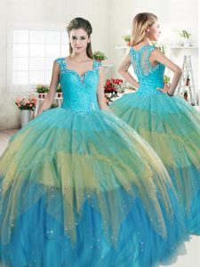 Ruffled Floor Length Multi-color Ball Gown Prom Dress Straps Sleeveless Zipper
