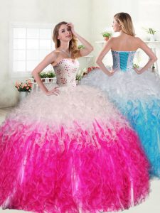 Fitting Pink And White Sweetheart Neckline Beading and Ruffles 15 Quinceanera Dress Sleeveless Lace Up