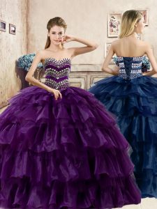 Enchanting Purple Organza Lace Up Sweet 16 Quinceanera Dress Sleeveless Floor Length Beading and Ruffled Layers