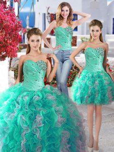 Trendy Three Piece White and Turquoise Ball Gowns Beading Quinceanera Dresses Lace Up Organza Sleeveless