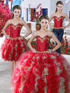 Beautiful Three Piece Red Sleeveless Organza Lace Up Quince Ball Gowns for Military Ball and Sweet 16 and Quinceanera