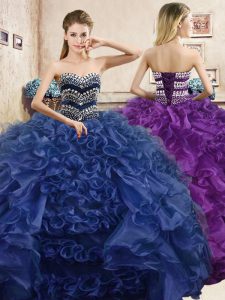 Designer Floor Length Lace Up Sweet 16 Quinceanera Dress Navy Blue for Military Ball and Sweet 16 and Quinceanera with B