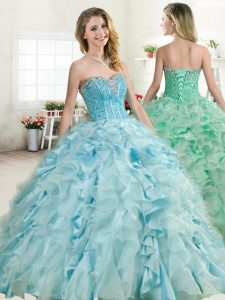 Deluxe Sleeveless Floor Length Beading and Ruffles Lace Up Quinceanera Gown with Baby Blue