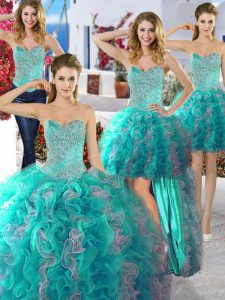 Four Piece Floor Length Lace Up Quinceanera Dresses Multi-color for Military Ball and Sweet 16 and Quinceanera with Bead