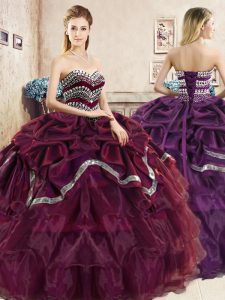 Delicate Pick Ups Ruffled Floor Length Burgundy and Purple Quinceanera Gown Sweetheart Sleeveless Lace Up