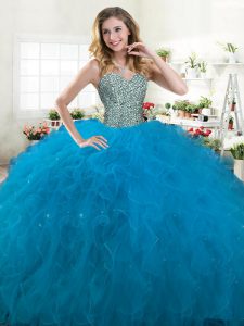 Stunning Teal Ball Gowns Tulle Sweetheart Sleeveless Beading and Ruffles Floor Length Lace Up Sweet 16 Dress