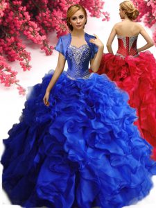 Dramatic Royal Blue Ball Gowns Beading and Ruffles Quinceanera Gowns Lace Up Organza Sleeveless Floor Length