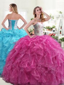 Floor Length Lace Up Quinceanera Gowns Hot Pink for Military Ball and Sweet 16 and Quinceanera with Beading and Ruffles