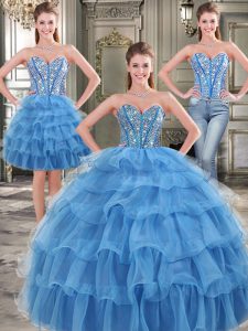 Charming Three Piece Blue Ball Gowns Sweetheart Sleeveless Organza Floor Length Lace Up Beading and Ruffled Layers Quinc