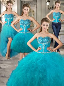 Super Four Piece Sleeveless Floor Length Beading and Ruffles Lace Up Sweet 16 Dresses with Teal