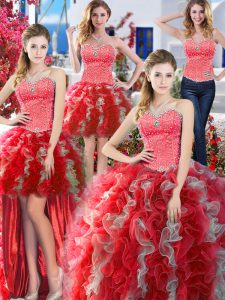 Clearance Four Piece Organza Sweetheart Sleeveless Lace Up Beading Sweet 16 Dresses in White And Red