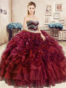Beading and Ruffles Ball Gown Prom Dress Wine Red Lace Up Sleeveless Floor Length