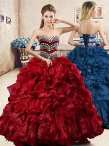 Decent Wine Red Sweetheart Neckline Beading and Ruffles Sweet 16 Quinceanera Dress Sleeveless Lace Up