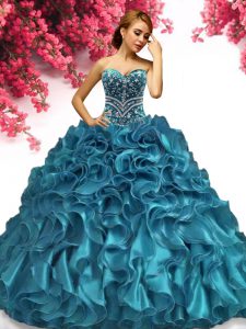 Cute Sleeveless Organza Floor Length Lace Up Quince Ball Gowns in Teal with Beading and Ruffles
