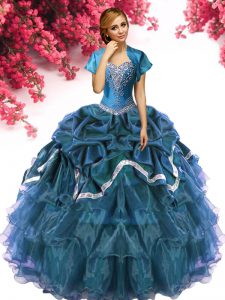 Charming Pick Ups Ball Gowns Sweet 16 Dress Teal Sweetheart Organza and Taffeta Sleeveless Floor Length Lace Up