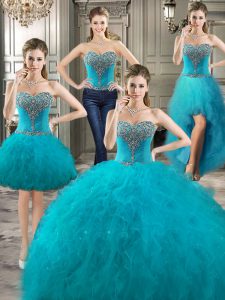 Designer Four Piece Teal Ball Gowns Tulle Sweetheart Sleeveless Beading and Ruffles Floor Length Lace Up Quinceanera Dre