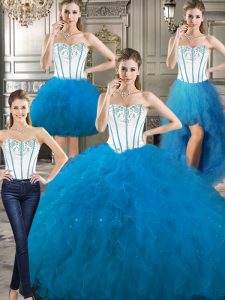 Exceptional Four Piece Sleeveless Floor Length Embroidery and Ruffles Lace Up Ball Gown Prom Dress with Baby Blue