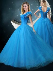 Ball Gowns Sweet 16 Quinceanera Dress Blue V-neck Tulle Cap Sleeves Floor Length Lace Up