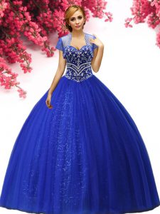 Attractive Floor Length Lace Up 15 Quinceanera Dress Royal Blue for Military Ball and Sweet 16 and Quinceanera with Bead