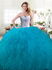 Edgy Sweetheart Sleeveless Ball Gown Prom Dress Floor Length Beading and Ruffles Teal Tulle