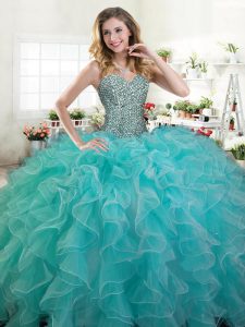 Sweetheart Sleeveless Sweet 16 Quinceanera Dress Floor Length Beading and Ruffles Turquoise Organza