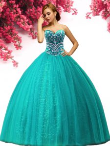 Flirting Sweetheart Sleeveless Lace Up Quince Ball Gowns Turquoise Tulle