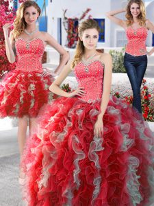 Three Piece White and Red Sweetheart Neckline Beading Sweet 16 Quinceanera Dress Sleeveless Lace Up