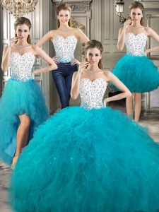 Sumptuous Four Piece White and Teal Sweet 16 Quinceanera Dress Military Ball and Sweet 16 and Quinceanera and For with B