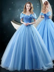 Modest Off the Shoulder Baby Blue Sleeveless With Train Appliques Lace Up Quinceanera Dresses